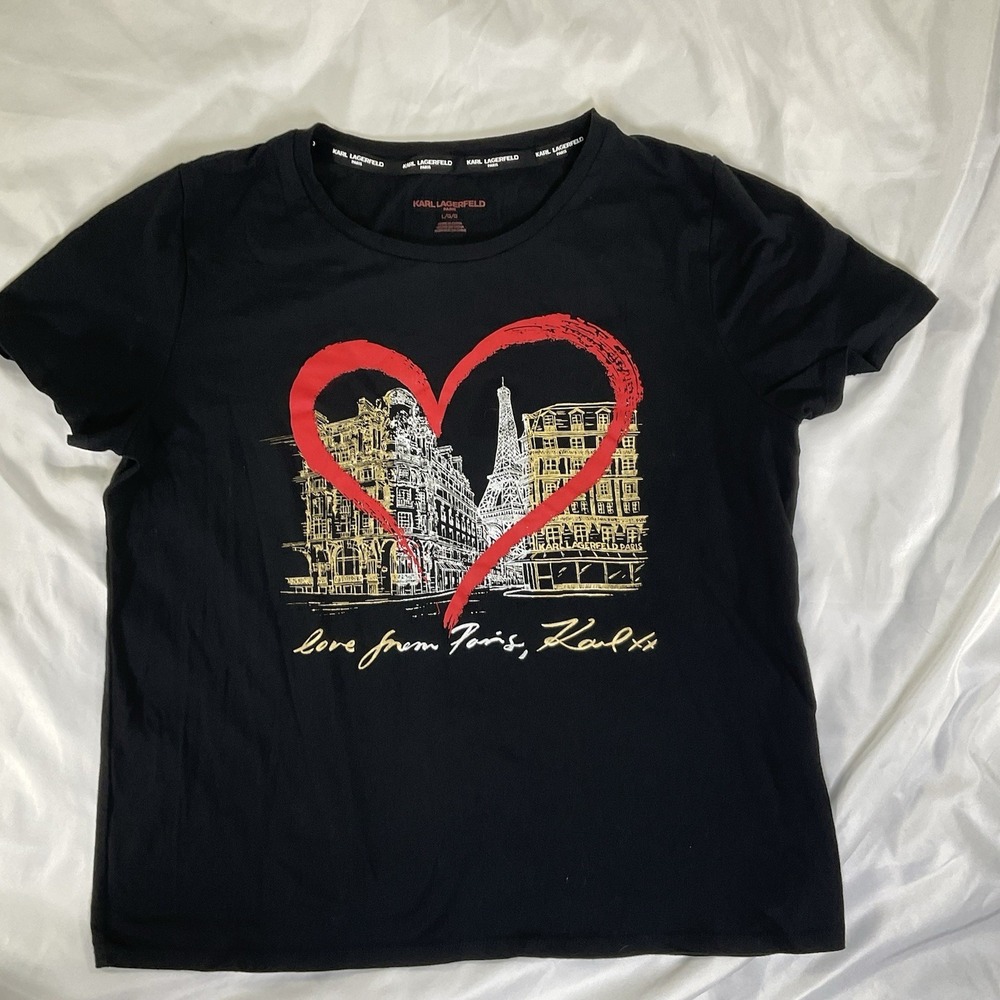 KARL Lagerfeld Paris Women's Short Sleeve Graphic Black T-Shirt Size L 308